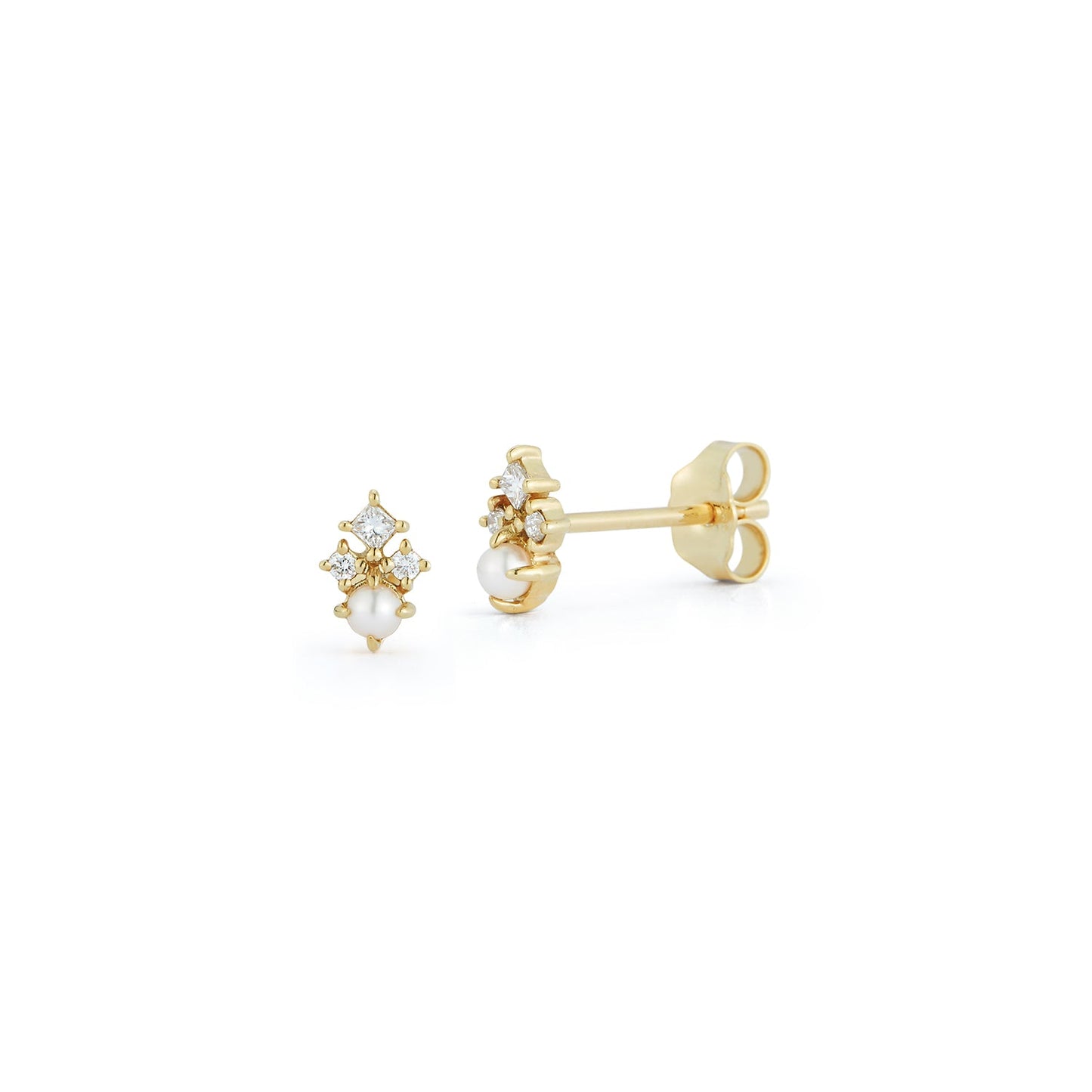 Tri Diamond and Pearl Studs in 14kt Gold