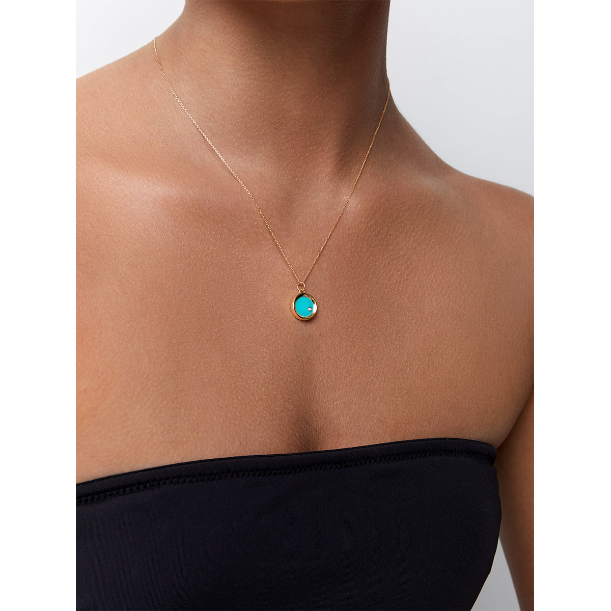 Turquoise Diamond Dot Coin Necklace in 14kt Gold