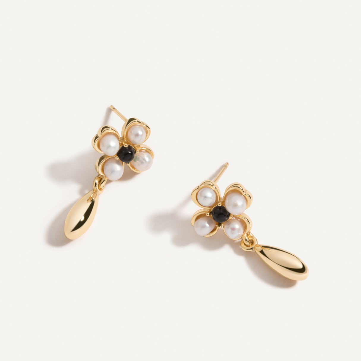 Elegant Pearl and Onyx Quatrefoil Earrings