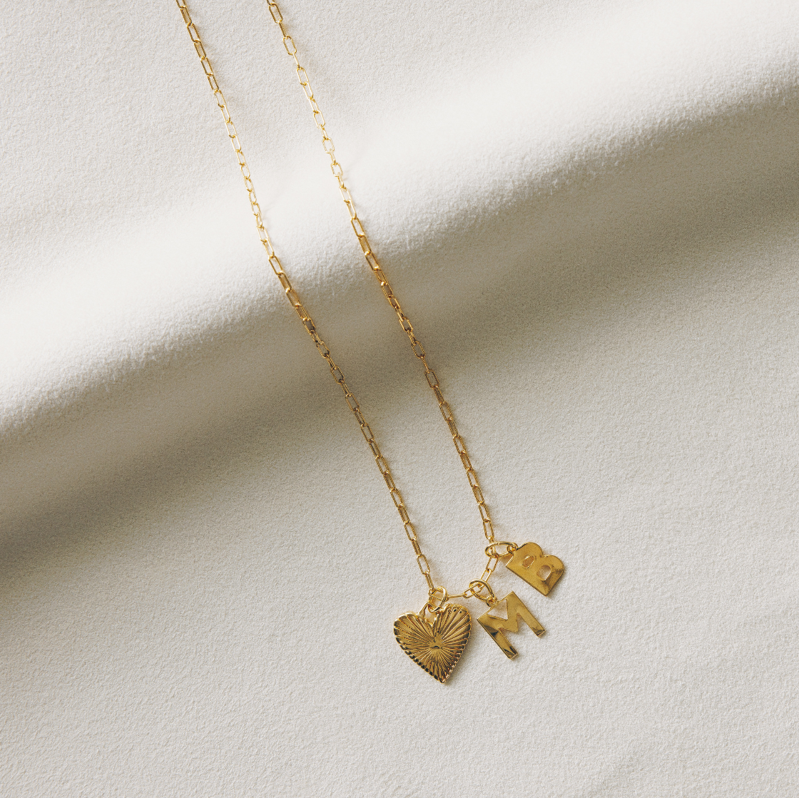 Custom Small Ribbed Gold Heart Initials Necklace