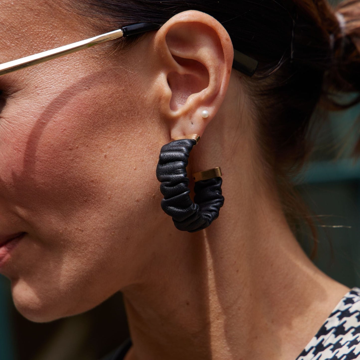 Black Ruched Leather Hoop Earrings