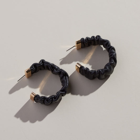 Black Ruched Leather Hoop Earrings