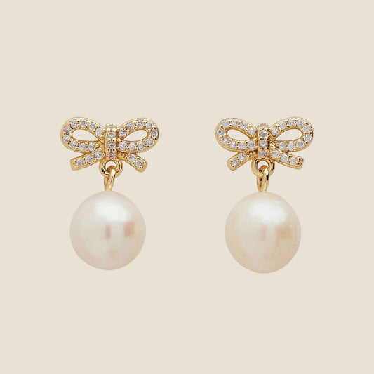 Pearl Stud Earrings with Bow Design