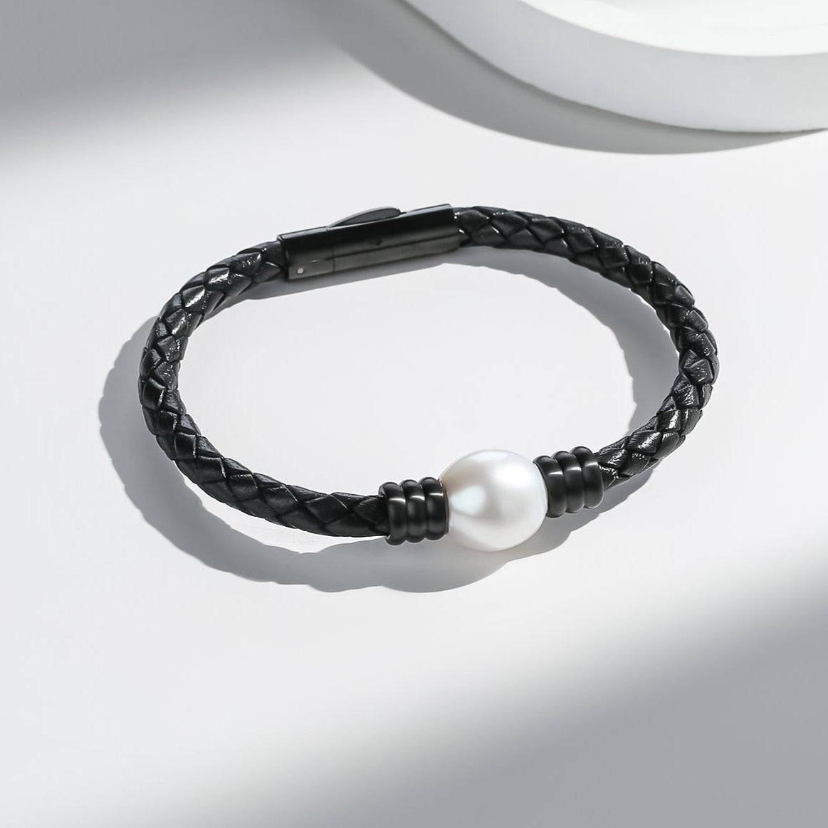 Large Pearl Leather Bracelet with Stainless Steel Charm