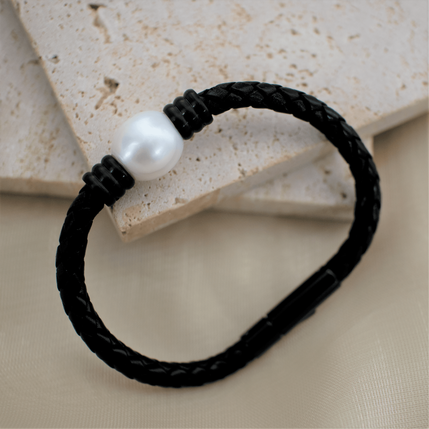 Large Pearl Leather Bracelet with Stainless Steel Charm