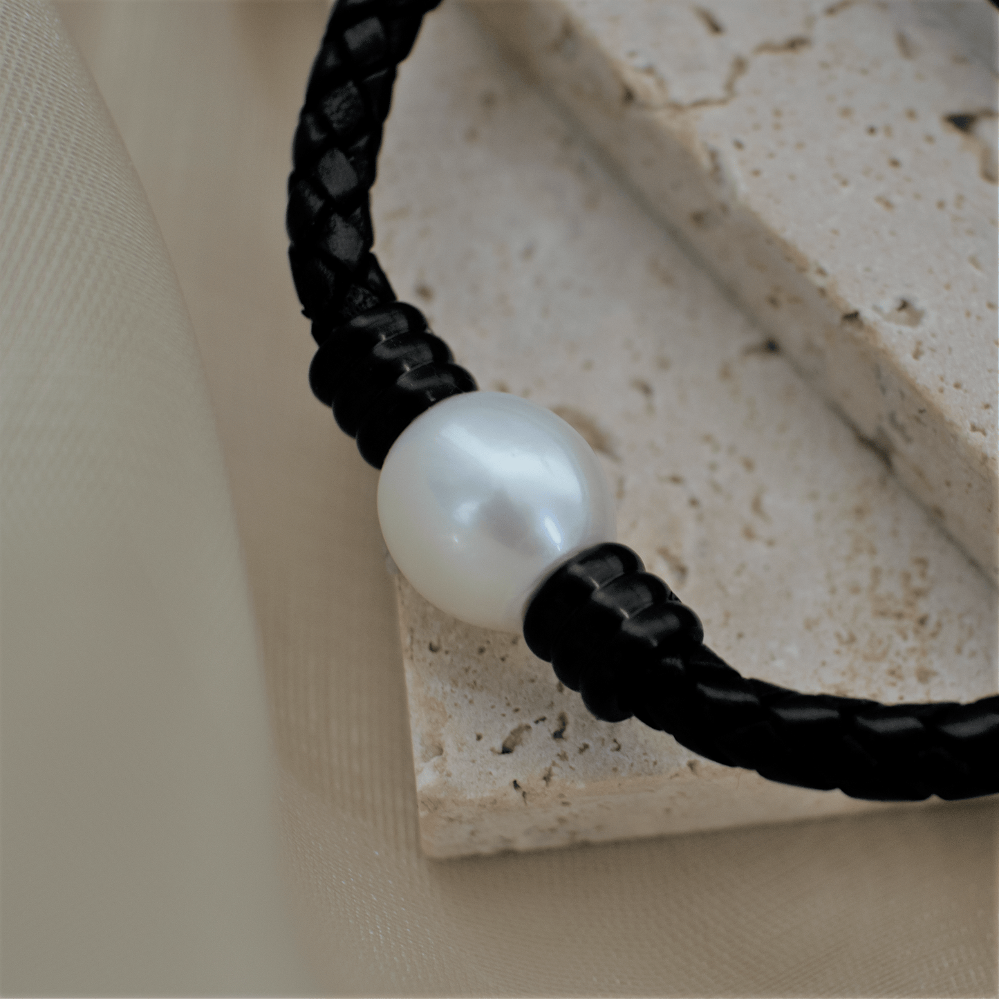 Large Pearl Leather Bracelet with Stainless Steel Charm