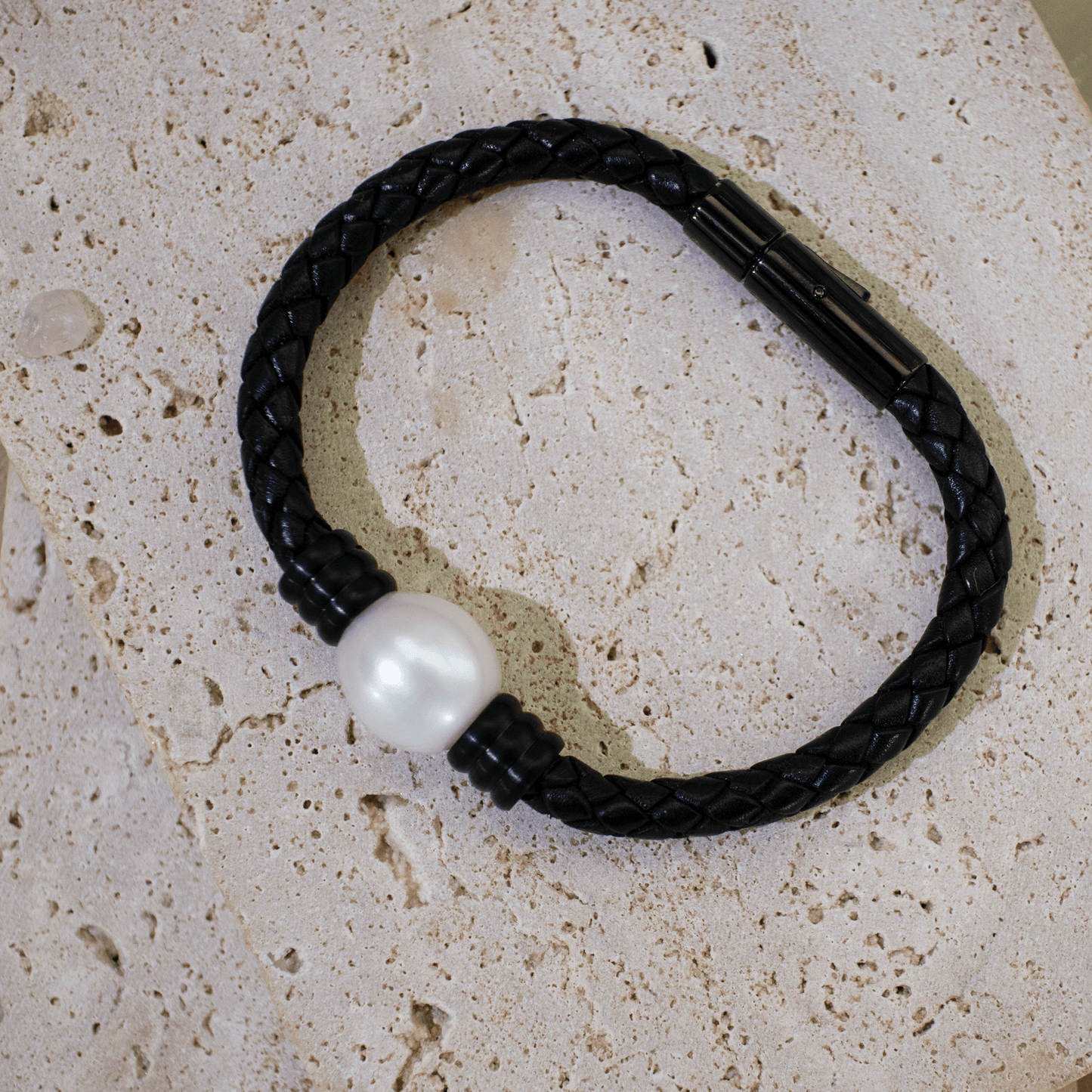 Large Pearl Leather Bracelet with Stainless Steel Charm