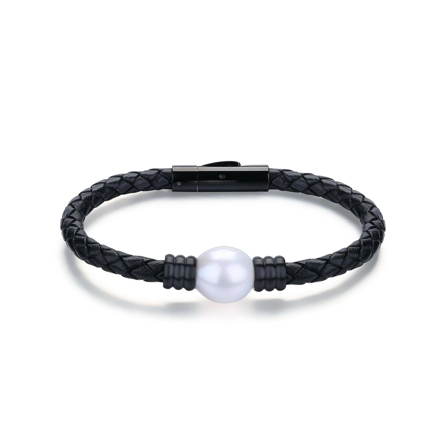 Large Pearl Leather Bracelet with Stainless Steel Charm