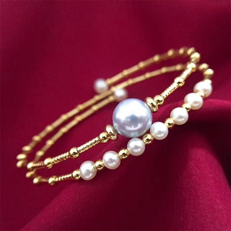 Gold Beaded Dual-Layer Grey Pearl Bracelet