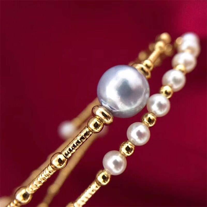 Gold Beaded Dual-Layer Grey Pearl Bracelet