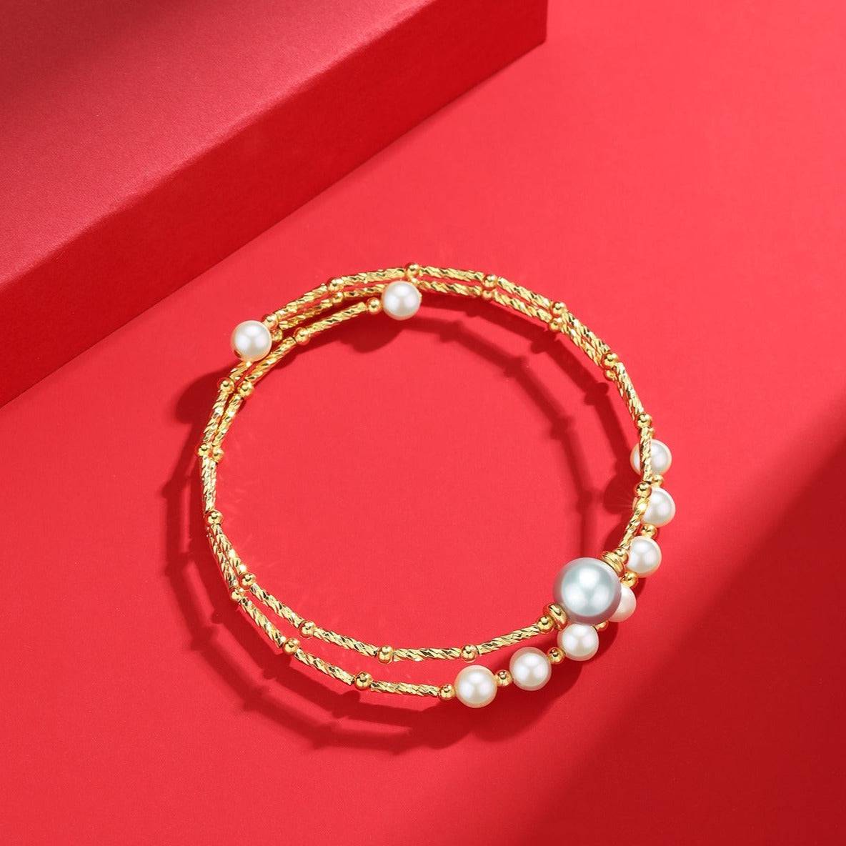 Gold Beaded Dual-Layer Grey Pearl Bracelet