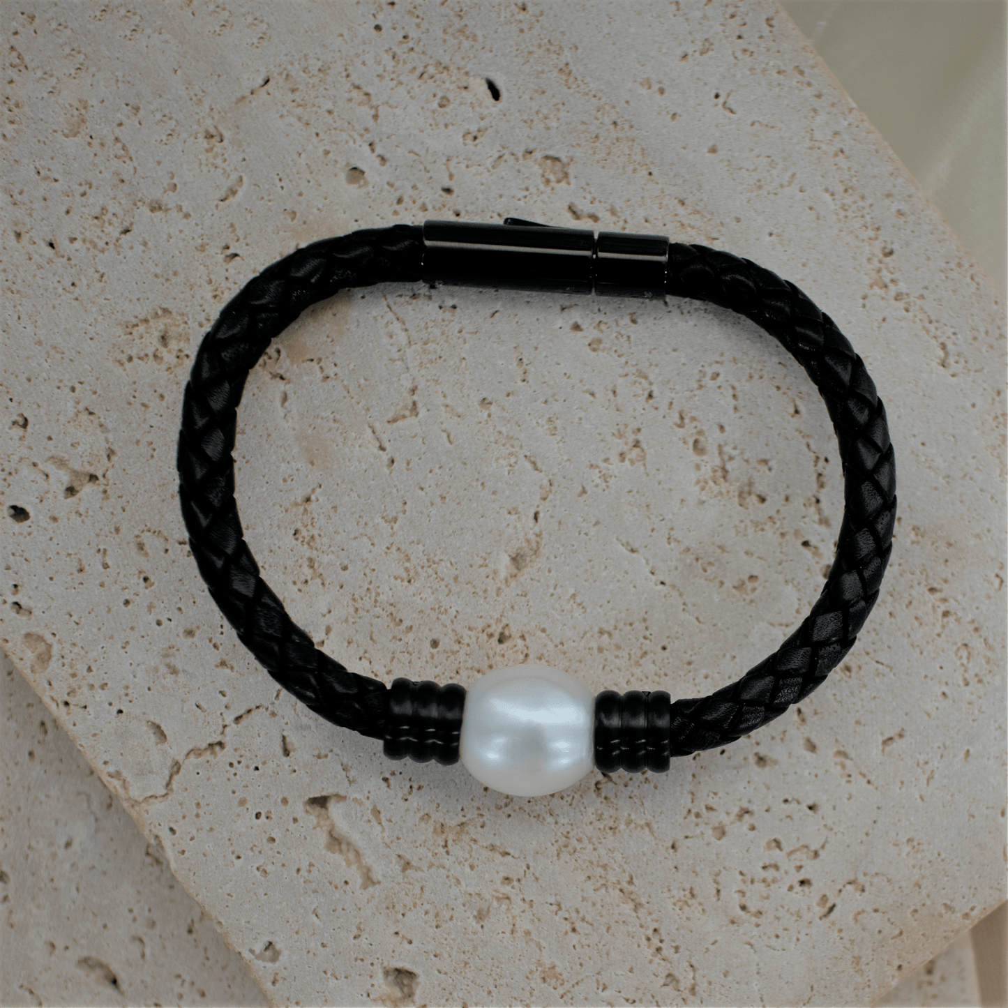 Large Pearl Leather Bracelet with Stainless Steel Charm