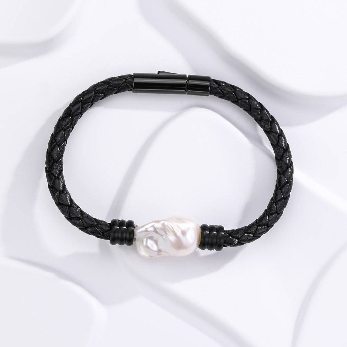 Large Baroque Pearl Leather Bracelet in Stainless Steel