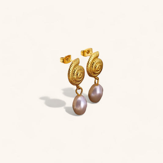 Geometric Gold Earrings with Pearl and Conch Shell