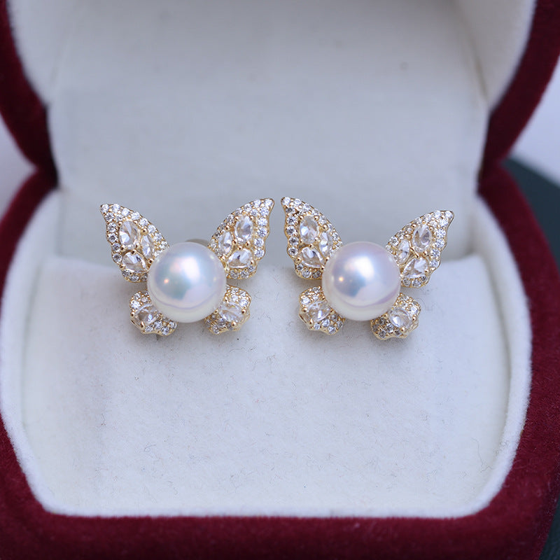 Freshwater Pearl and Cubic Zirconia Butterfly Earrings