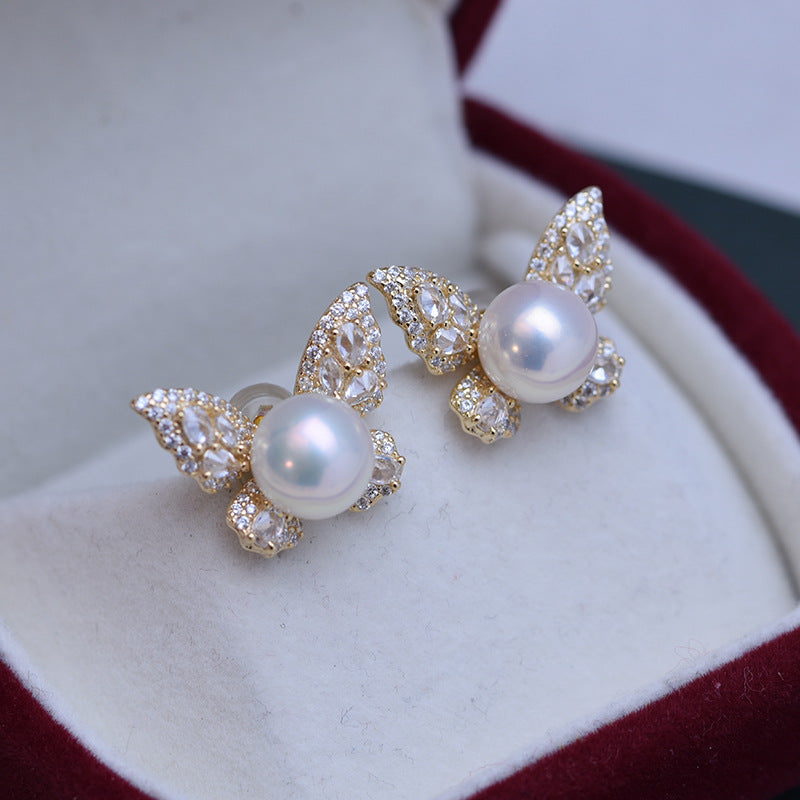 Freshwater Pearl and Cubic Zirconia Butterfly Earrings