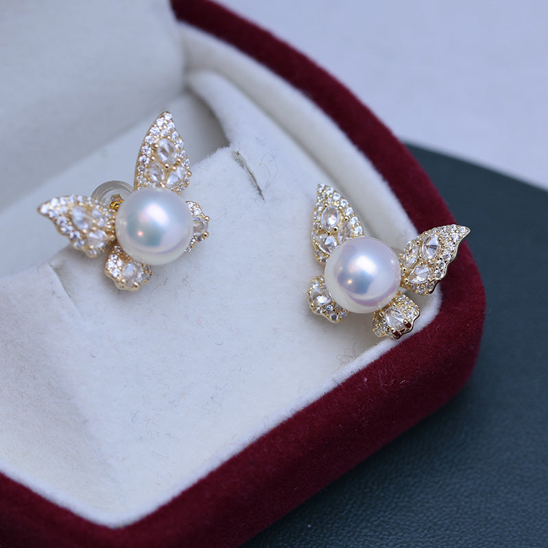 Freshwater Pearl and Cubic Zirconia Butterfly Earrings