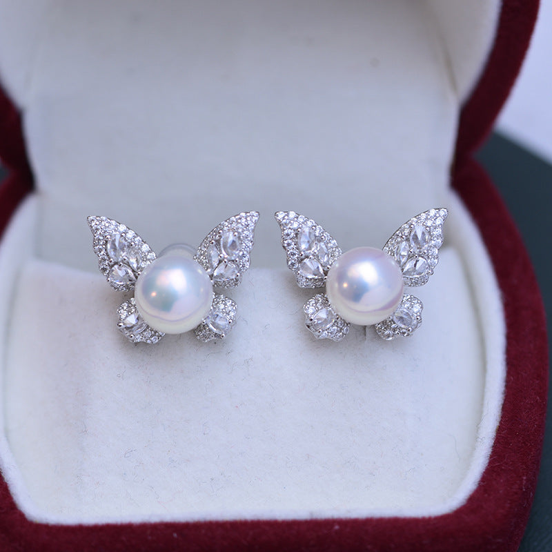 Freshwater Pearl and Cubic Zirconia Butterfly Earrings