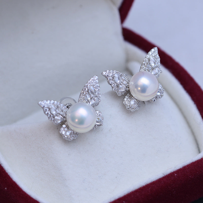 Freshwater Pearl and Cubic Zirconia Butterfly Earrings