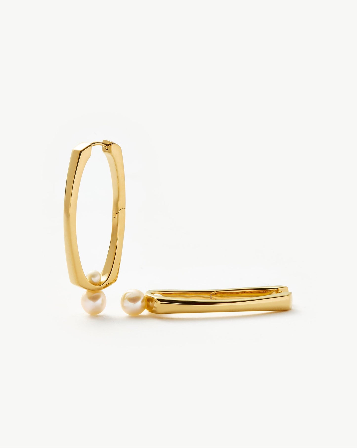 Gold Plated Button Pearl Ovate Hoop Earrings