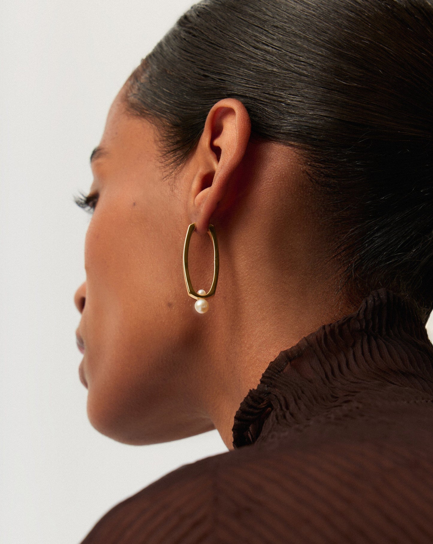 Gold Plated Button Pearl Ovate Hoop Earrings