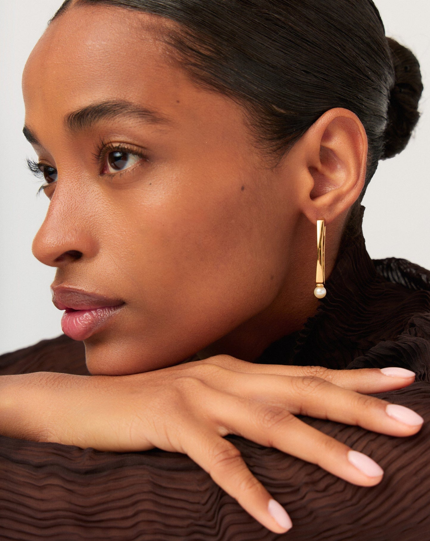 Gold Plated Button Pearl Ovate Hoop Earrings