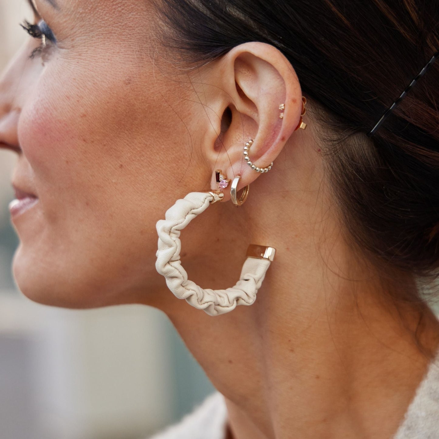 Cream Ruched Leather Hoop Earrings