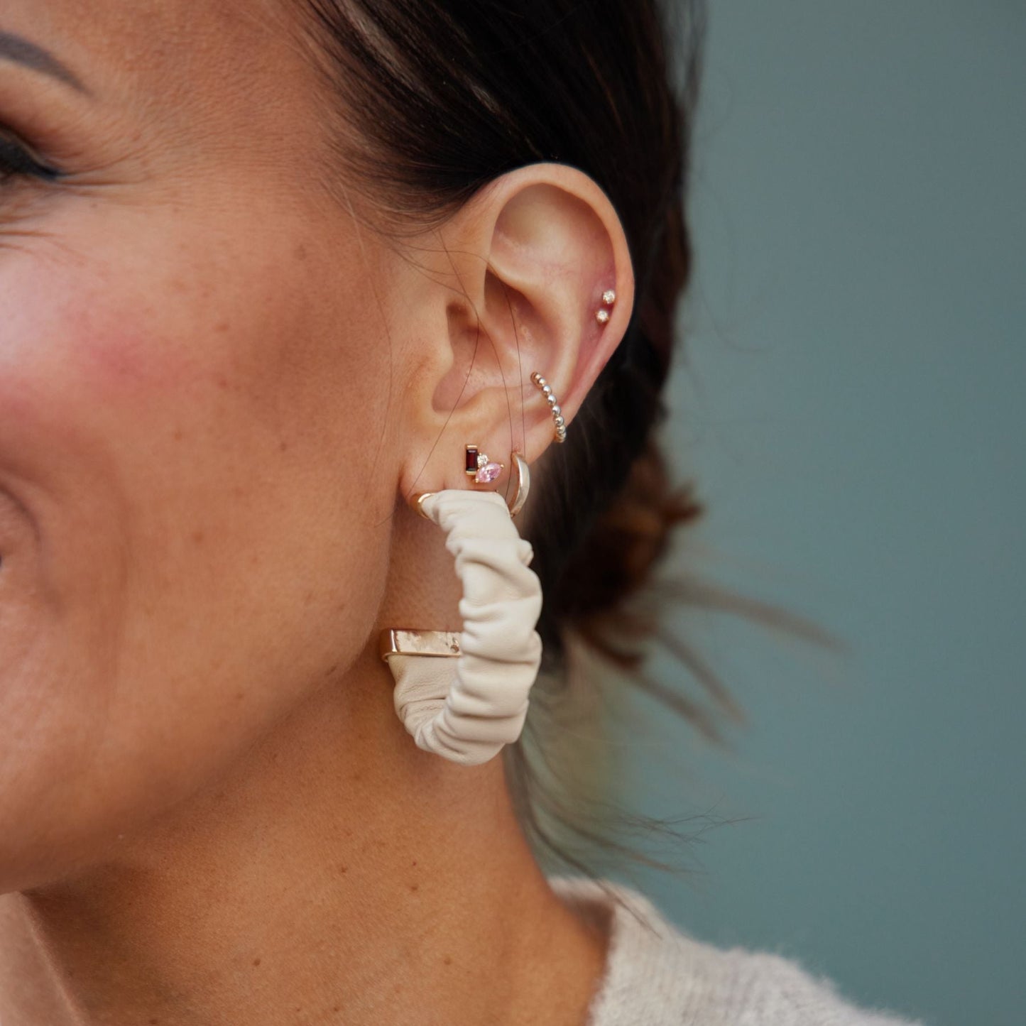 Cream Ruched Leather Hoop Earrings