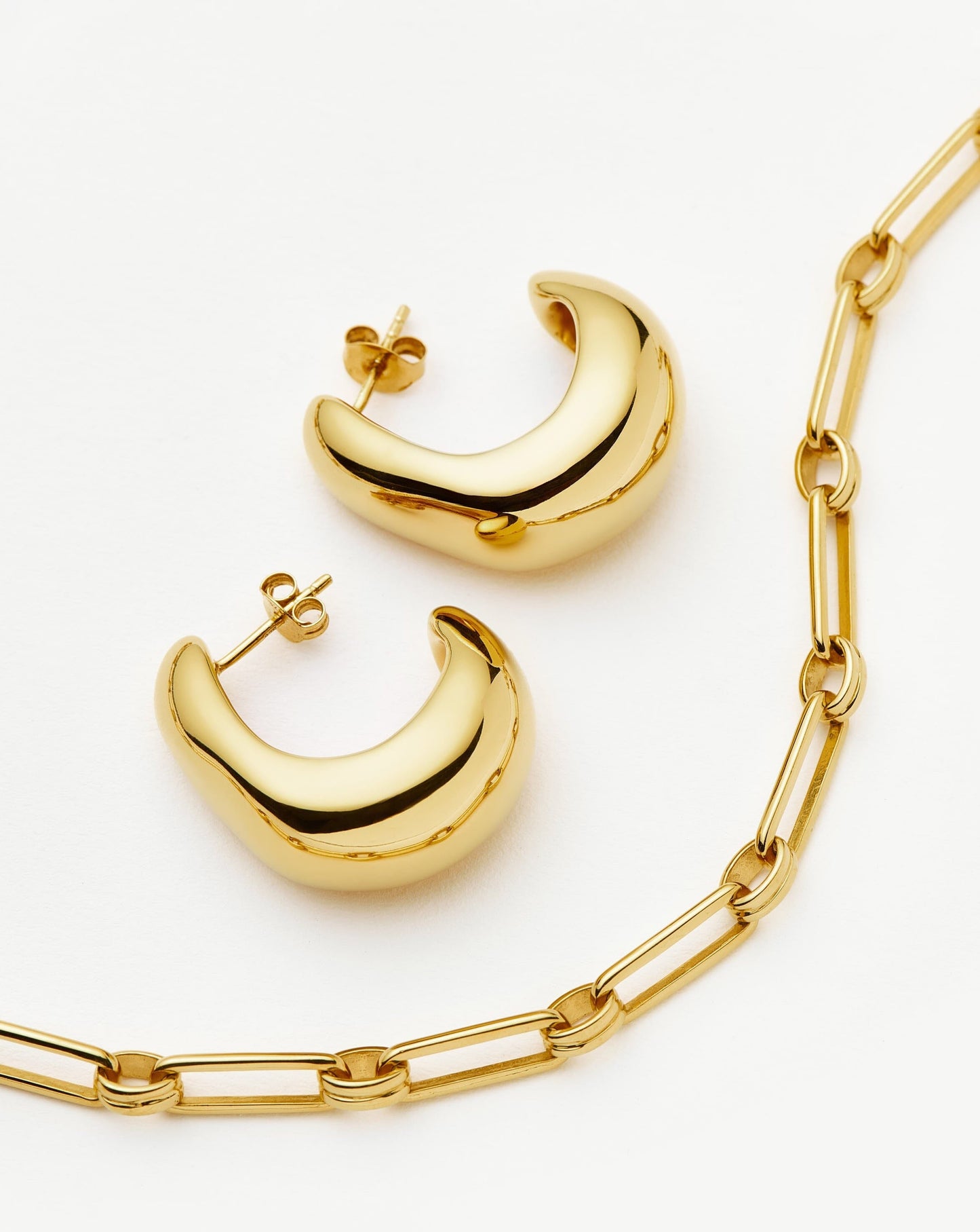 Gold Plated Dome Hoop Earrings and Chain Necklace Set