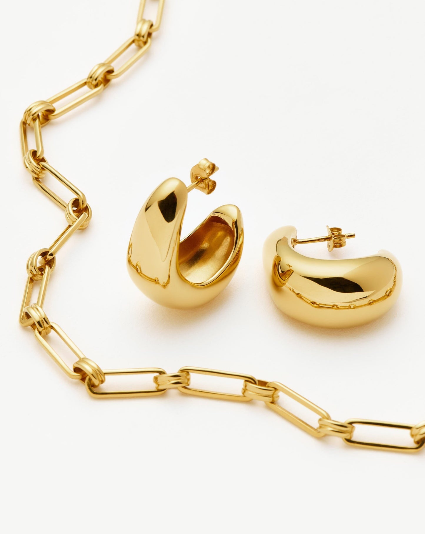 Gold Plated Dome Hoop Earrings and Chain Necklace Set