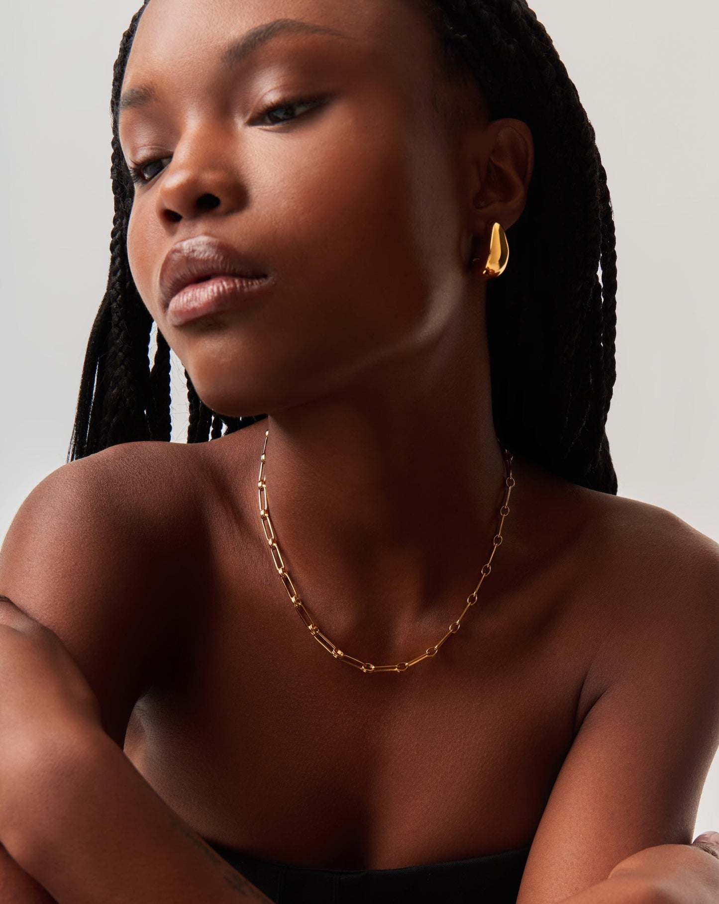 Gold Plated Dome Hoop Earrings and Chain Necklace Set