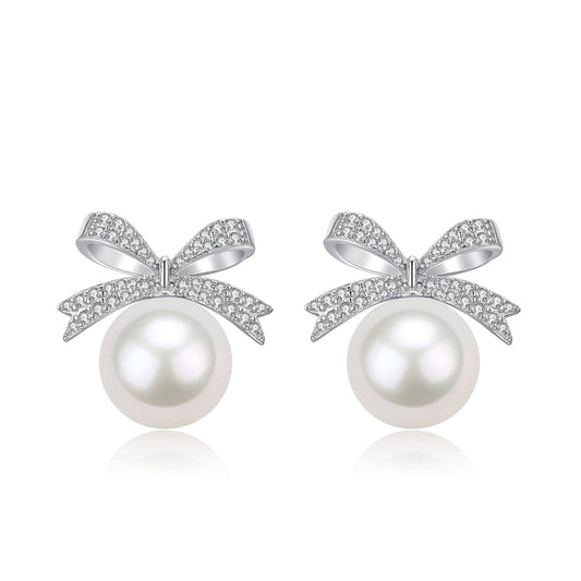 Freshwater Pearl Bowknot Earrings with CZ Accent