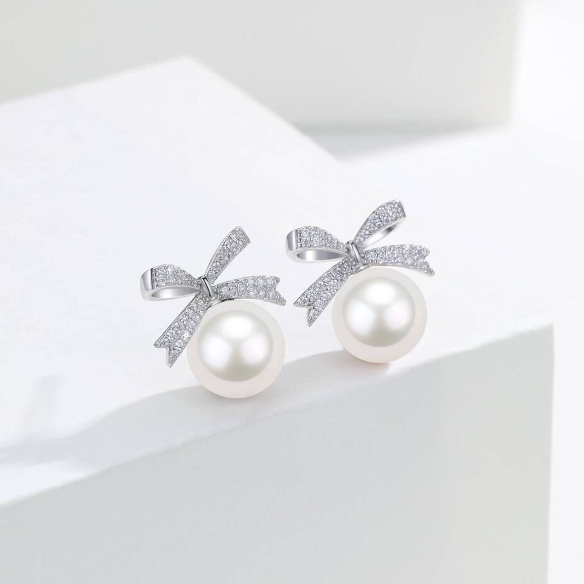 Freshwater Pearl Bowknot Earrings with CZ Accent