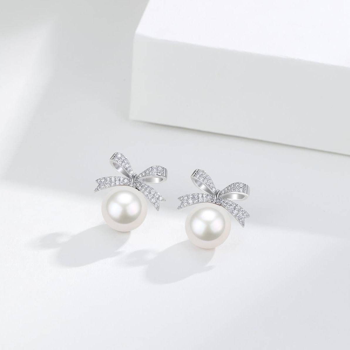 Freshwater Pearl Bowknot Earrings with CZ Accent