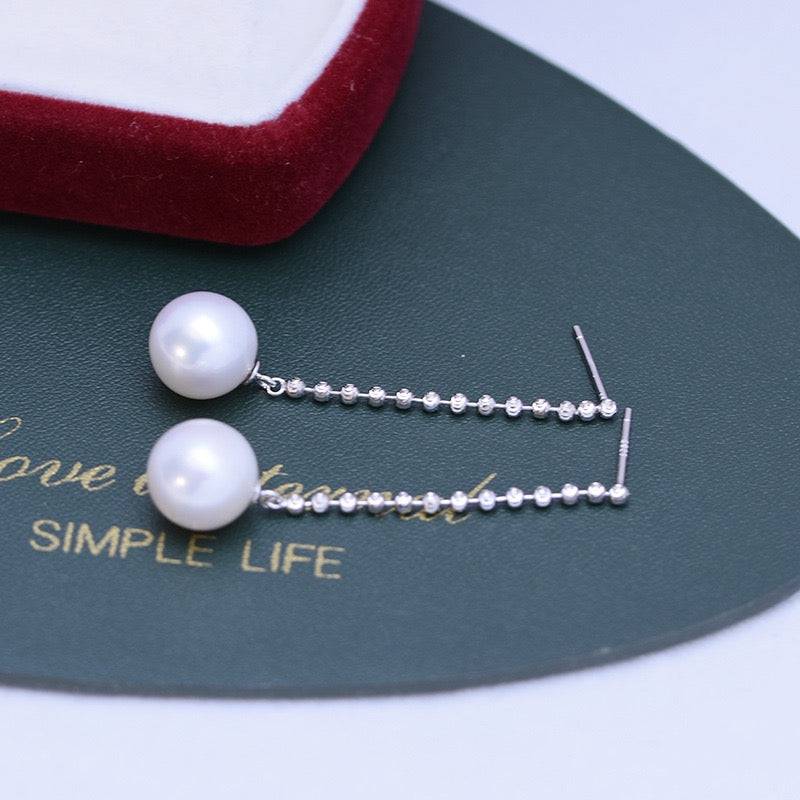 Long Chain Drop Earrings with Freshwater Pearls