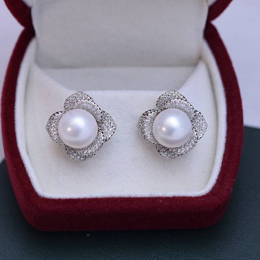 Freshwater Pearl and CZ Floral Earrings