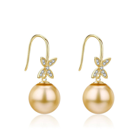 Golden South Sea Pearl Hook Earrings in 10-11mm Size