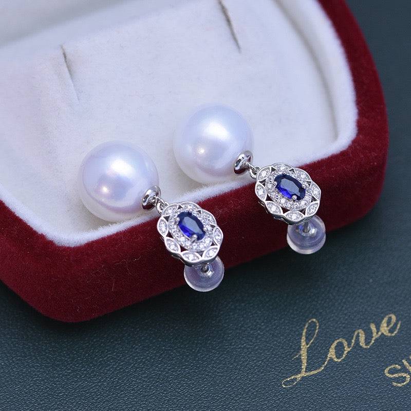 Freshwater Pearl and Blue Gem Earrings Set