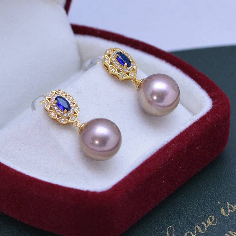 Freshwater Pearl and Blue Gem Earrings Set