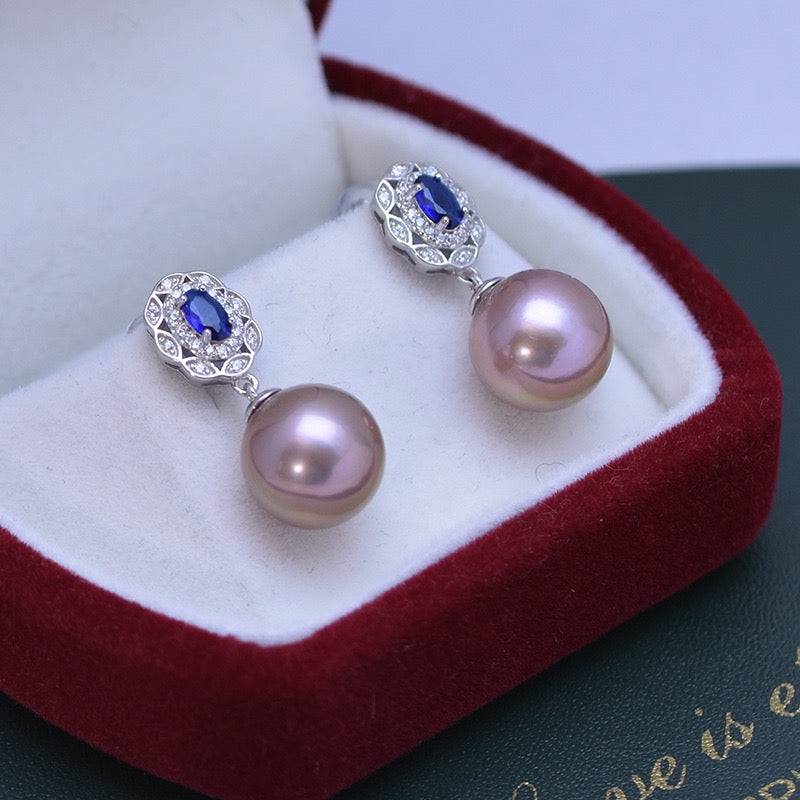 Freshwater Pearl and Blue Gem Earrings Set