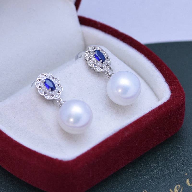 Freshwater Pearl and Blue Gem Earrings Set