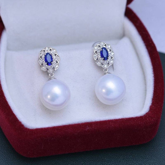 Freshwater Pearl and Blue Gem Earrings Set