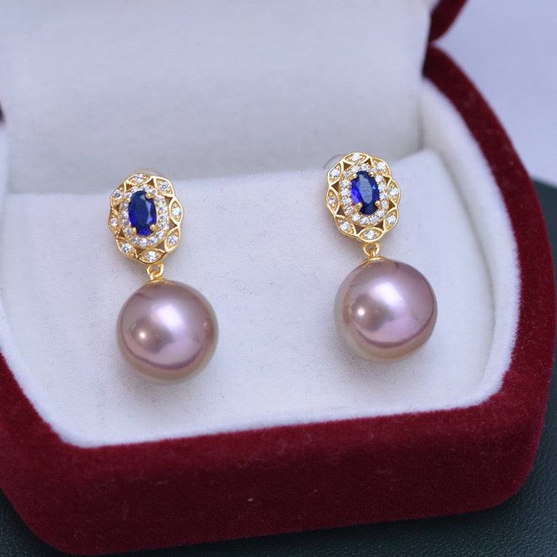 Freshwater Pearl and Blue Gem Earrings Set