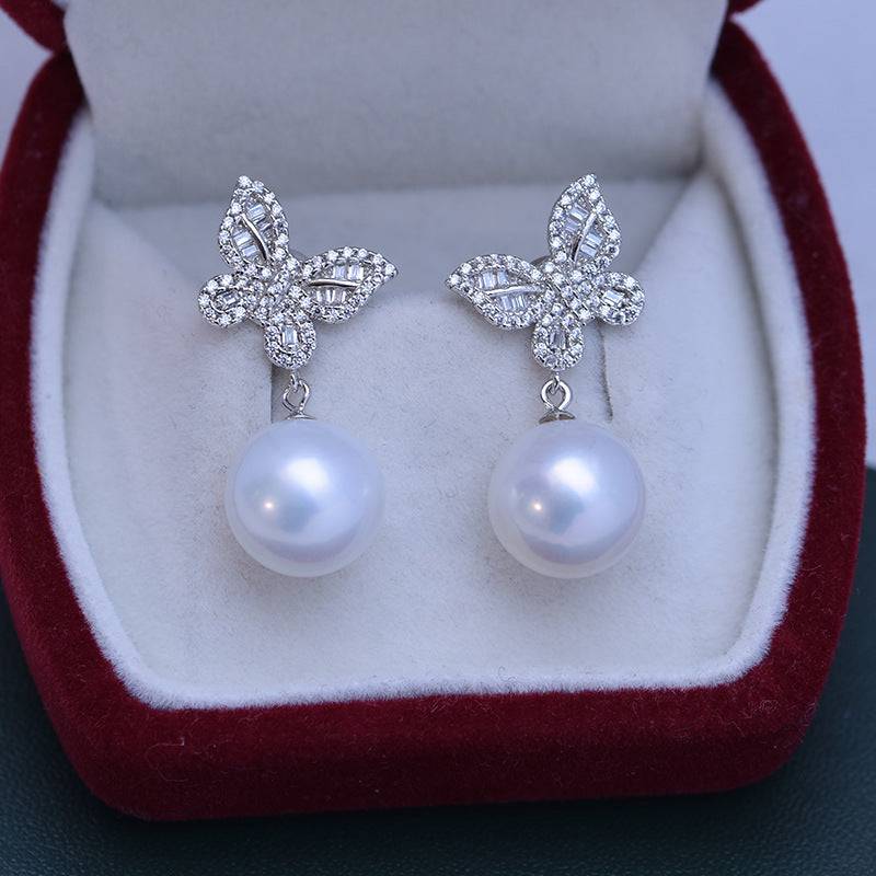 Freshwater Pearl Butterfly Silver Earrings 11-12mm