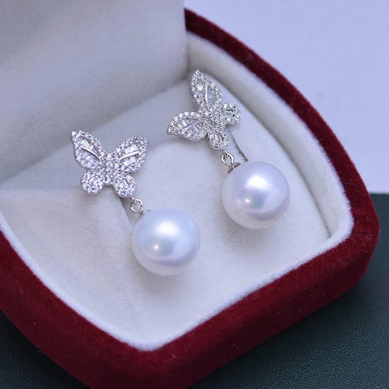 Freshwater Pearl Butterfly Silver Earrings 11-12mm