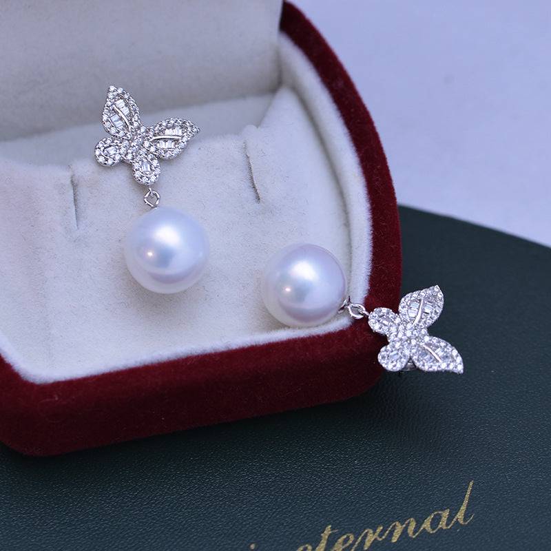 Freshwater Pearl Butterfly Silver Earrings 11-12mm