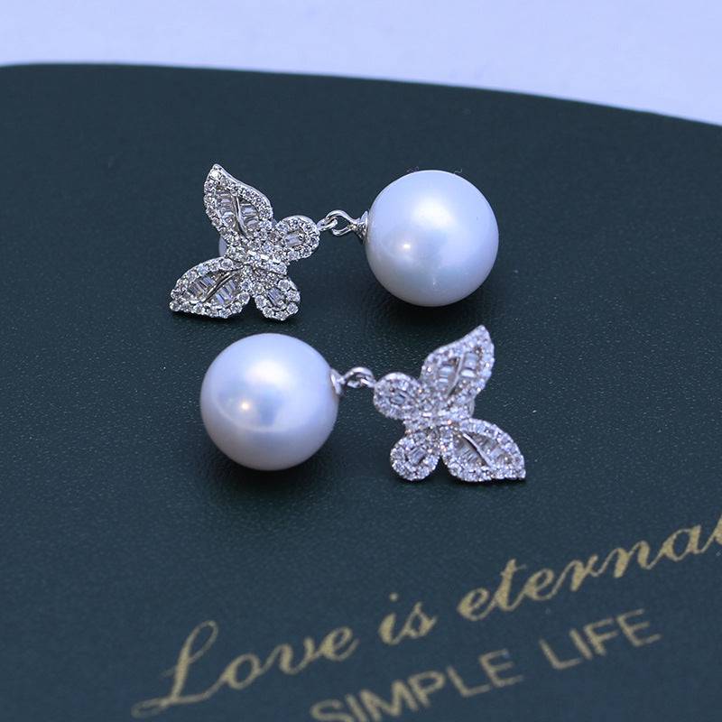 Freshwater Pearl Butterfly Silver Earrings 11-12mm