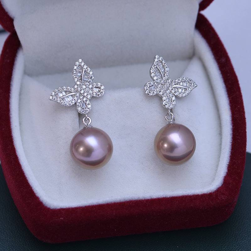 Freshwater Pearl Butterfly Silver Earrings 11-12mm