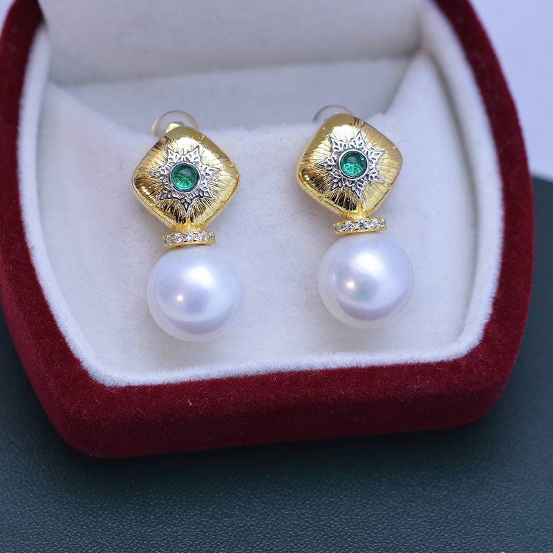 Vintage Green Earrings with Freshwater Pearls