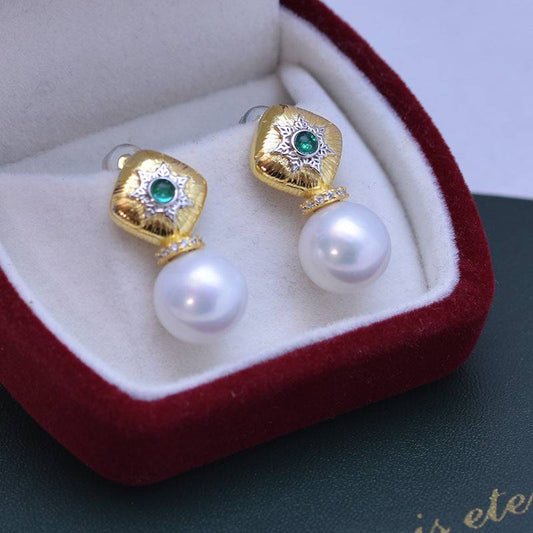 Vintage Green Earrings with Freshwater Pearls